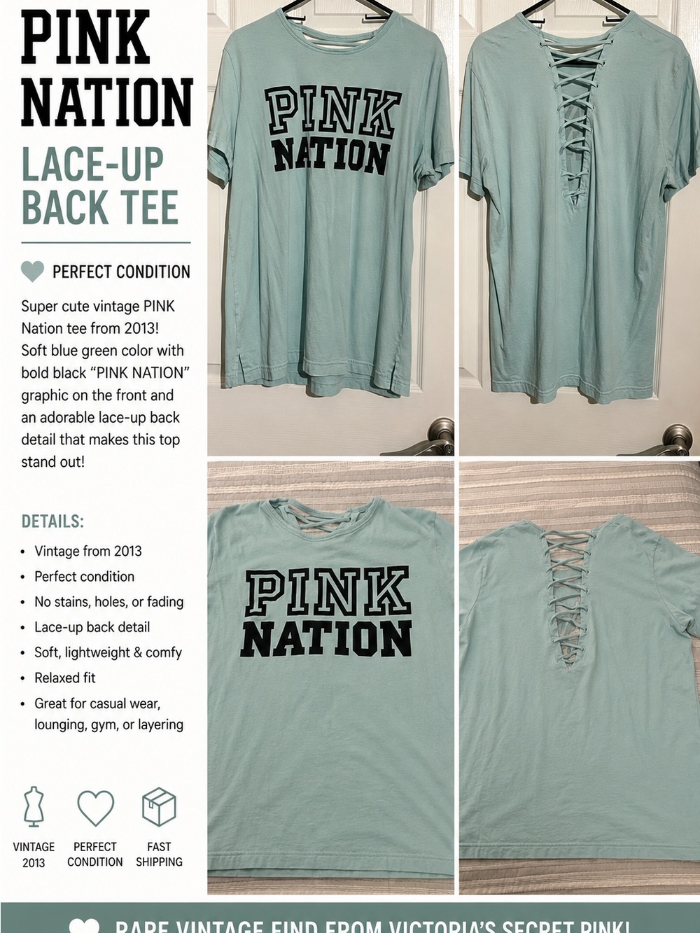 Vintage 2013 PINK Nation Lace-Up Back Tee | Light Blue Green Graphic T-Shirt